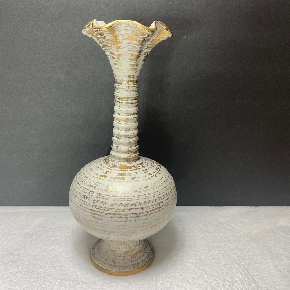 VTG Royal Haeger 4043 Gold Tweed Vase Textured Gold Accent White‎ Ceramic 13"